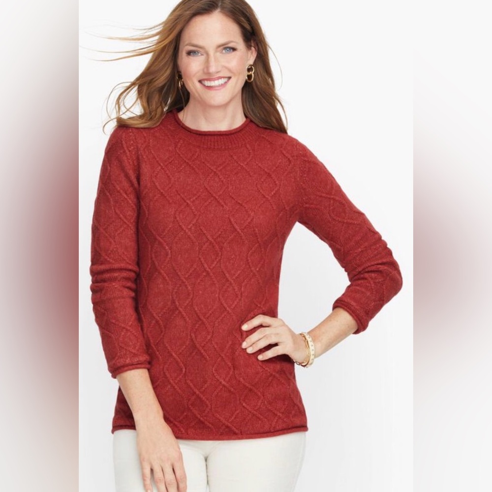 Talbots Wool Alpaca Blend Rust Red‎ Cable Knit Roll Neck Pullover Sweater Xs